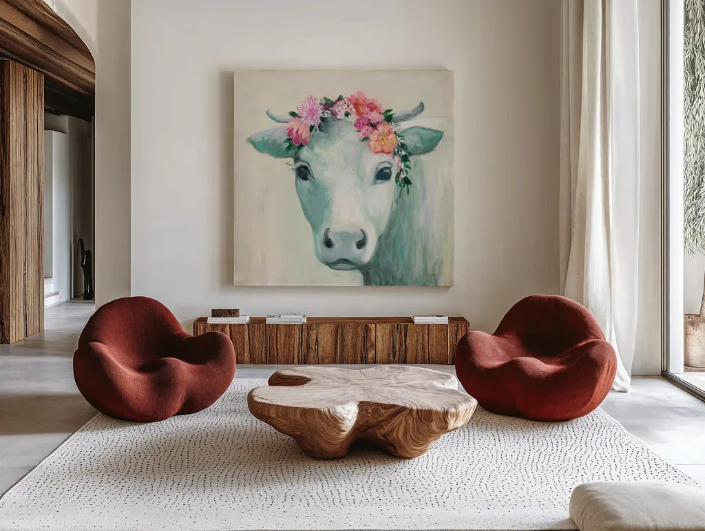 Festival Girl II by Julia Purinton. Shown as extra-large giant wall art in a modern living room. Available as an archival giclee rolled canvas, fine art paper, or poster print. SKU 50138a.
