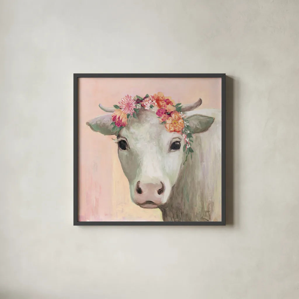 Festival Girl II Pink by Julia Purinton. Shown in a sleek black glass frame for a contemporary gallery look. Available as an archival giclee rolled canvas, fine art paper, or poster print. SKU 70497a.