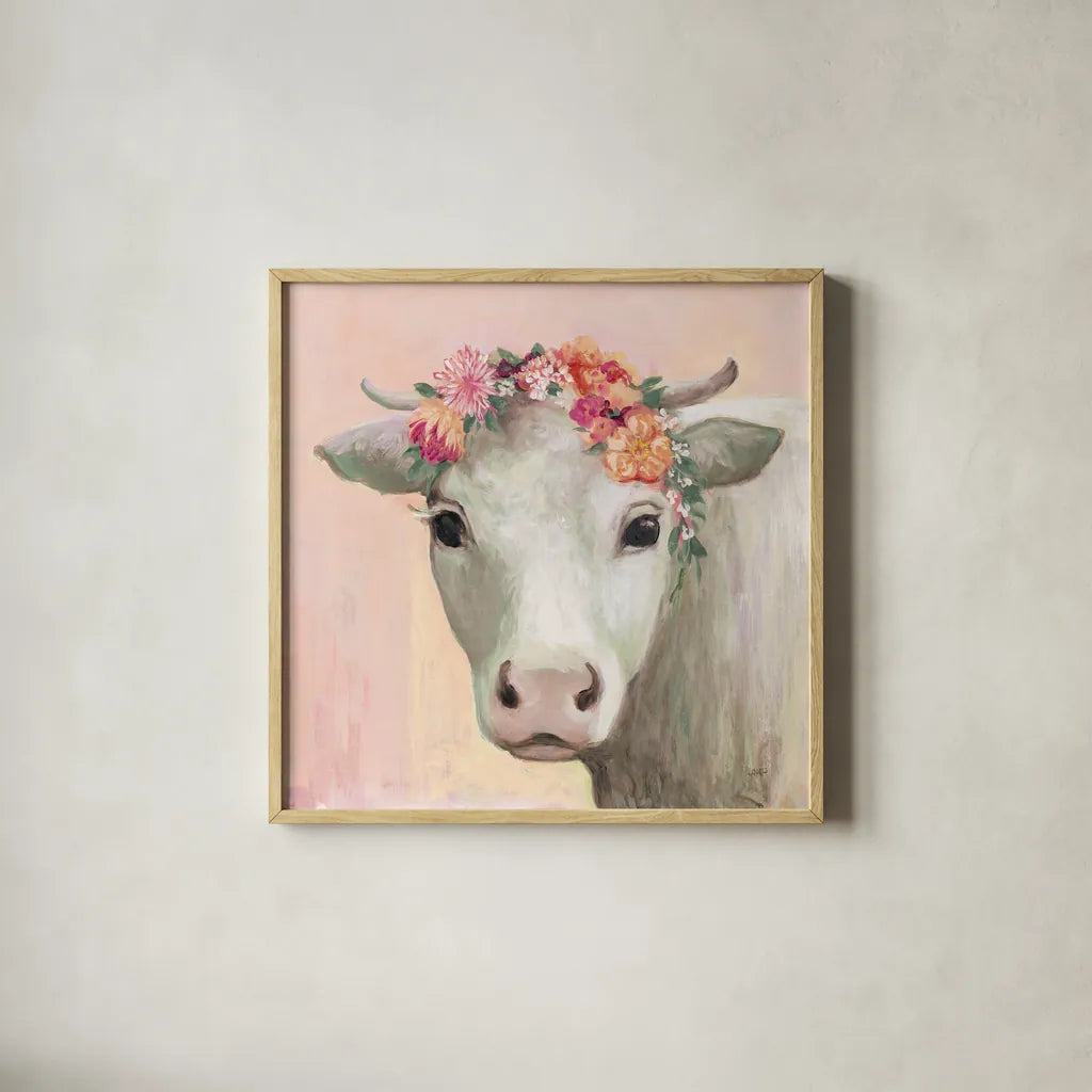 Festival Girl II Pink by Julia Purinton. Shown in a natural wood glass frame for a timeless modern aesthetic. Available as an archival giclee rolled canvas, fine art paper, or poster print. SKU 70497a.