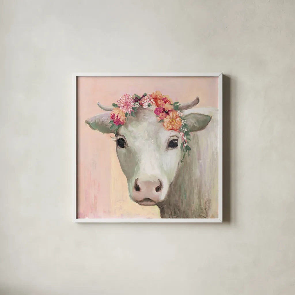 Festival Girl II Pink by Julia Purinton. Shown in a crisp white glass frame for a clean and minimalist style. Available as an archival giclee rolled canvas, fine art paper, or poster print. SKU 70497a.