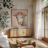 Festival Girl II Pink by Julia Purinton. Shown in a natural wood frame in a cozy modern living room. Available as an archival giclee rolled canvas, fine art paper, or poster print. SKU 70497a.