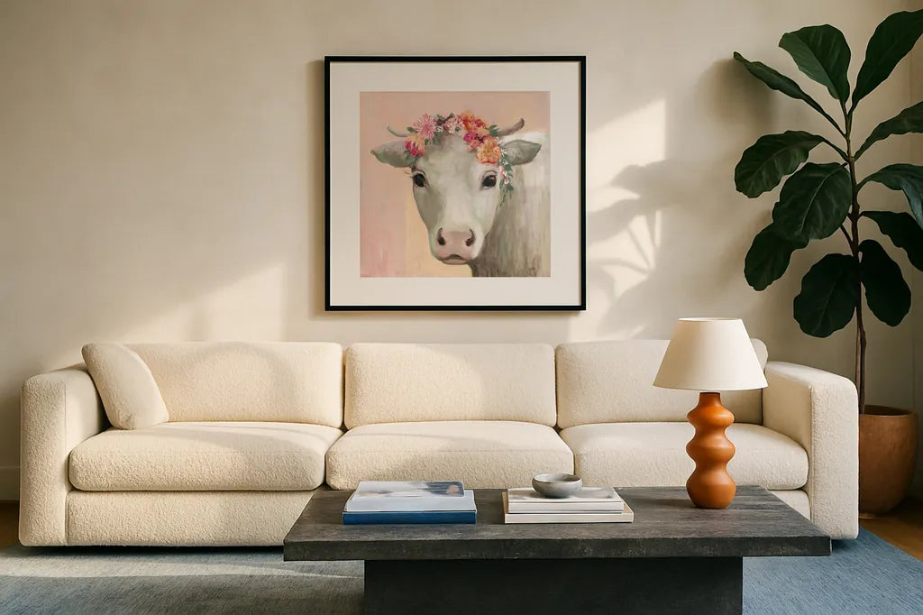 Festival Girl II Pink by Julia Purinton. Displayed in a glass frame with matte in a clean modern living room. Available as an archival giclee rolled canvas, fine art paper, or poster print. SKU 70497a.
