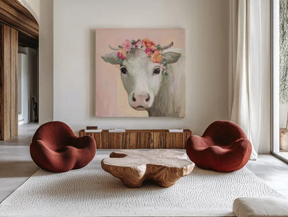 Festival Girl II Pink by Julia Purinton. Shown as extra-large giant wall art in a modern living room. Available as an archival giclee rolled canvas, fine art paper, or poster print. SKU 70497a.