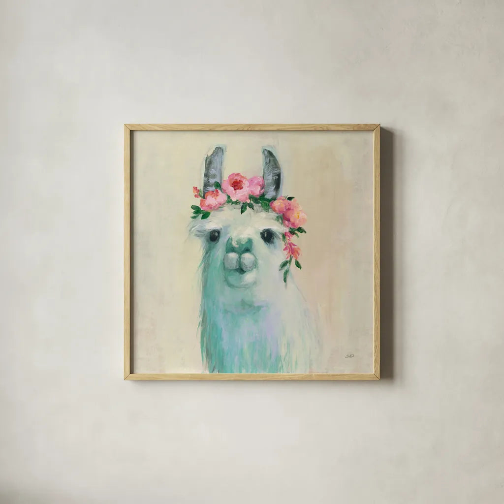 Festival Girl III by Julia Purinton. Shown in a natural wood glass frame for a timeless modern aesthetic. Available as an archival giclee rolled canvas, fine art paper, or poster print. SKU 50139a.