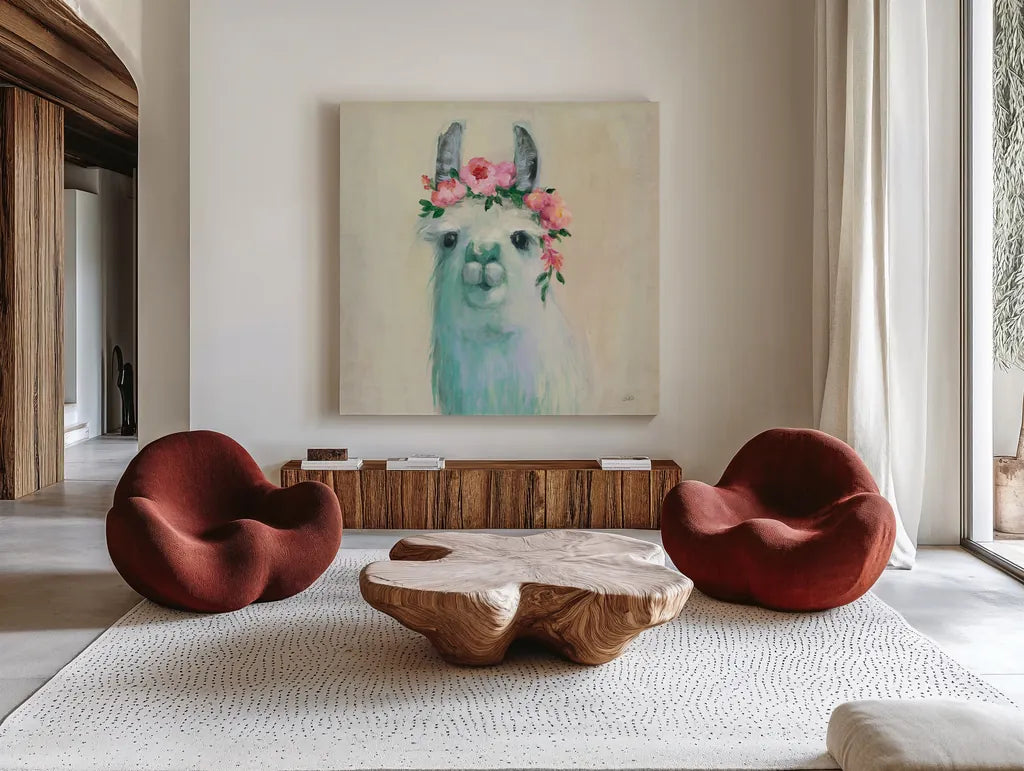 Festival Girl III by Julia Purinton. Shown as extra-large giant wall art in a modern living room. Available as an archival giclee rolled canvas, fine art paper, or poster print. SKU 50139a.