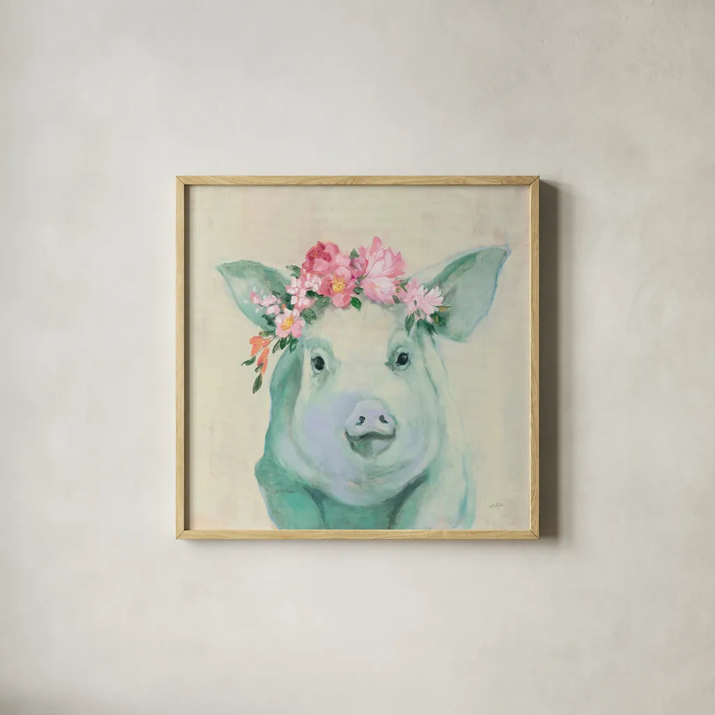 Festival Girl IV by Julia Purinton. Shown in a natural wood glass frame for a timeless modern aesthetic. Available as an archival giclee rolled canvas, fine art paper, or poster print. SKU 50140a.