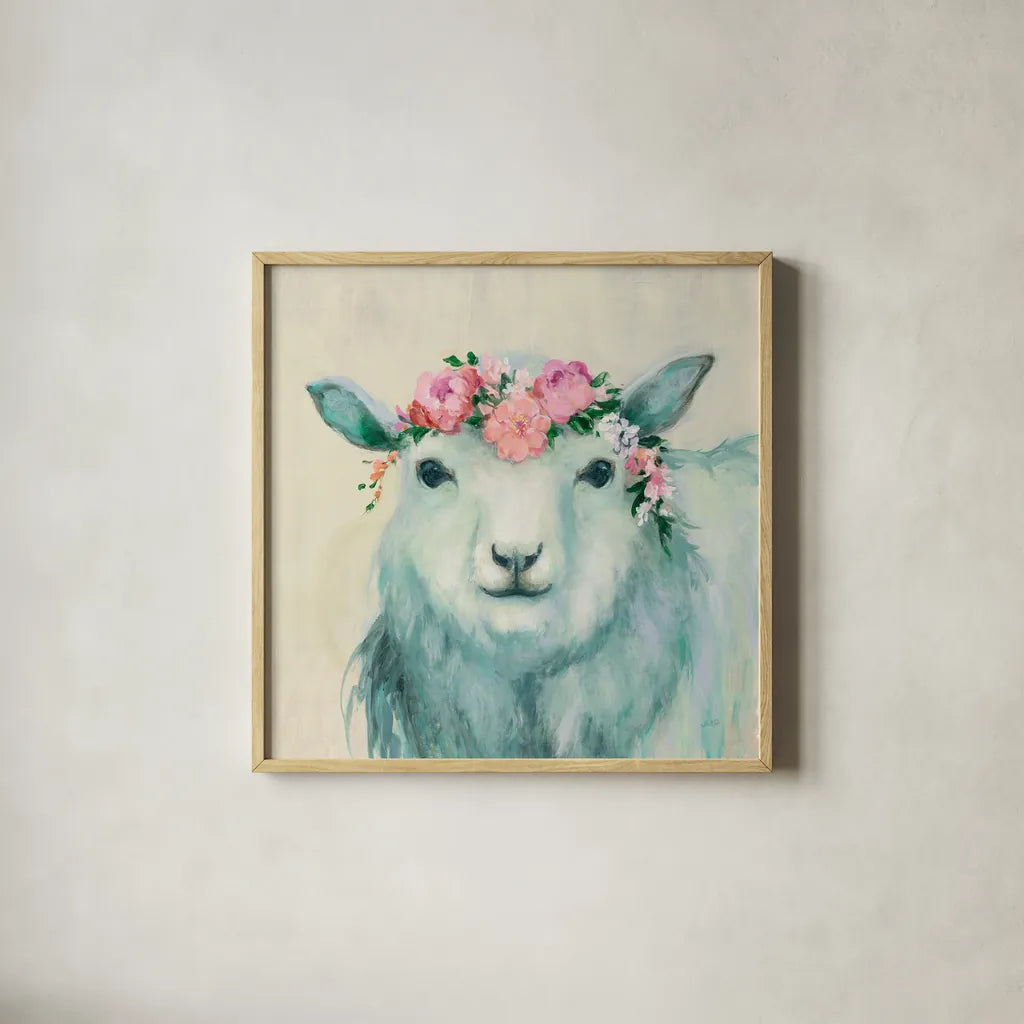 Festival Girl V by Julia Purinton. Shown in a natural wood glass frame for a timeless modern aesthetic. Available as an archival giclee rolled canvas, fine art paper, or poster print. SKU 50141a.