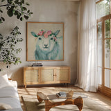Festival Girl V by Julia Purinton. Shown in a natural wood frame in a cozy modern living room. Available as an archival giclee rolled canvas, fine art paper, or poster print. SKU 50141a.