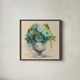 Festive Succulents I by Julia Purinton. Shown in a sleek black glass frame for a contemporary gallery look. Available as an archival giclee rolled canvas, fine art paper, or poster print. SKU 59957a.