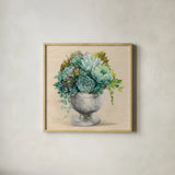 Festive Succulents I by Julia Purinton. Shown in a natural wood glass frame for a timeless modern aesthetic. Available as an archival giclee rolled canvas, fine art paper, or poster print. SKU 59957a.