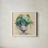 Festive Succulents I by Julia Purinton. Shown in a crisp white glass frame for a clean and minimalist style. Available as an archival giclee rolled canvas, fine art paper, or poster print. SKU 59957a.
