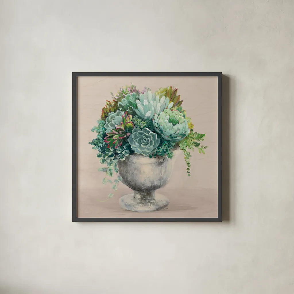 Festive Succulents I Blush by Julia Purinton. Shown in a sleek black glass frame for a contemporary gallery look. Available as an archival giclee rolled canvas, fine art paper, or poster print. SKU 66123a.