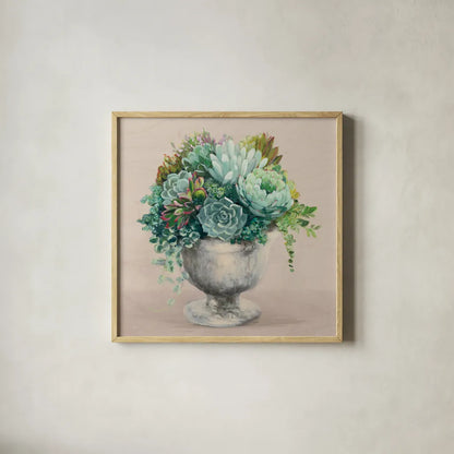 Festive Succulents I Blush by Julia Purinton. Shown in a natural wood glass frame for a timeless modern aesthetic. Available as an archival giclee rolled canvas, fine art paper, or poster print. SKU 66123a.
