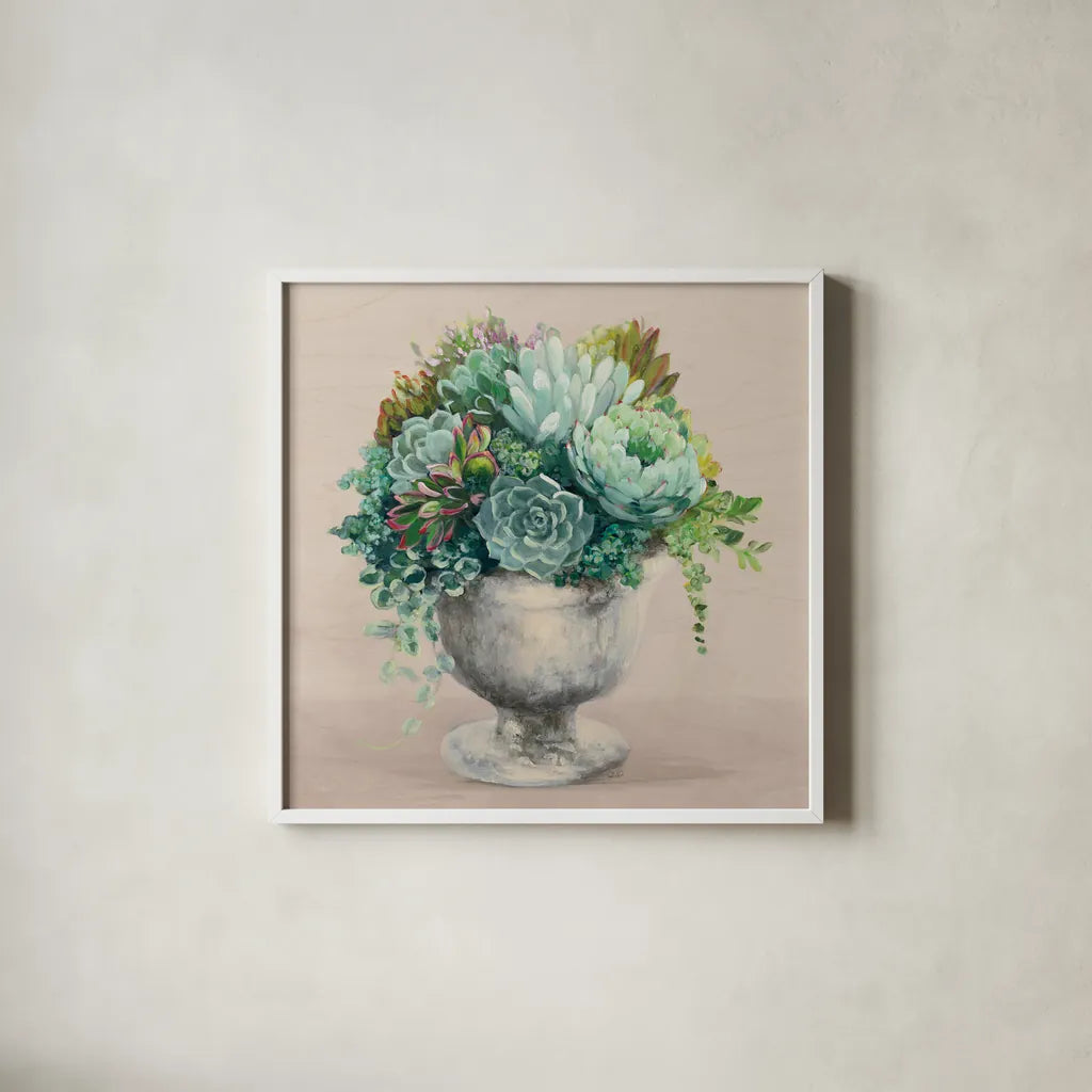 Festive Succulents I Blush by Julia Purinton. Shown in a crisp white glass frame for a clean and minimalist style. Available as an archival giclee rolled canvas, fine art paper, or poster print. SKU 66123a.