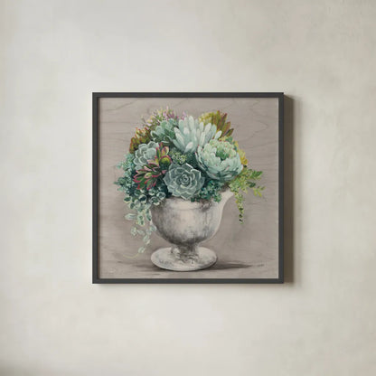 Festive Succulents I Gray by Julia Purinton. Shown in a sleek black glass frame for a contemporary gallery look. Available as an archival giclee rolled canvas, fine art paper, or poster print. SKU 64811a.