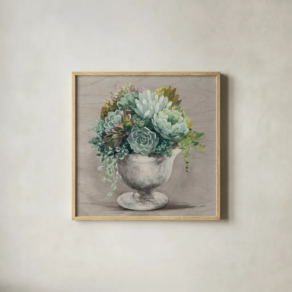 Festive Succulents I Gray by Julia Purinton. Shown in a natural wood glass frame for a timeless modern aesthetic. Available as an archival giclee rolled canvas, fine art paper, or poster print. SKU 64811a.