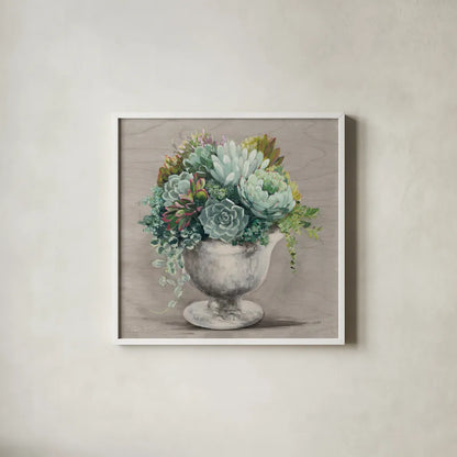 Festive Succulents I Gray by Julia Purinton. Shown in a crisp white glass frame for a clean and minimalist style. Available as an archival giclee rolled canvas, fine art paper, or poster print. SKU 64811a.