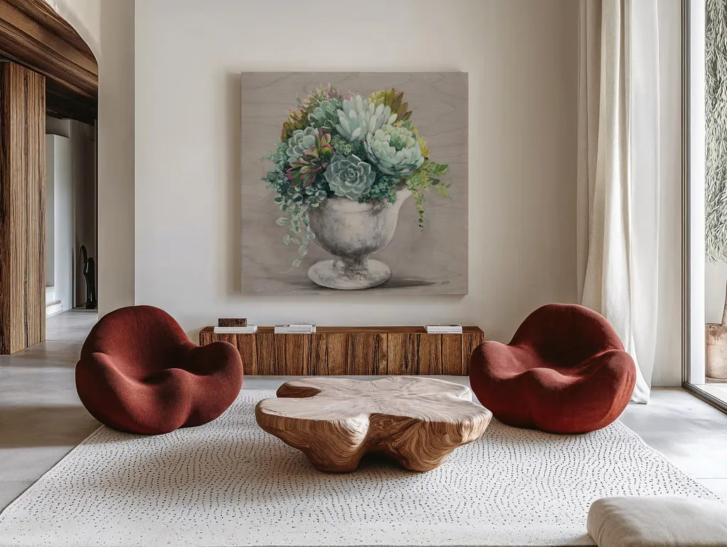 Festive Succulents I Gray by Julia Purinton. Shown as extra-large giant wall art in a modern living room. Available as an archival giclee rolled canvas, fine art paper, or poster print. SKU 64811a.