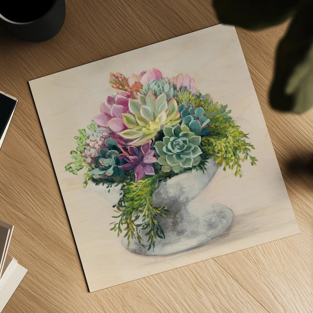 Festive Succulents II by Julia Purinton. Shown as a detailed flat fine art print, highlighting archival giclee quality. Available as an archival giclee rolled canvas, fine art paper, or poster print. SKU 59958a.