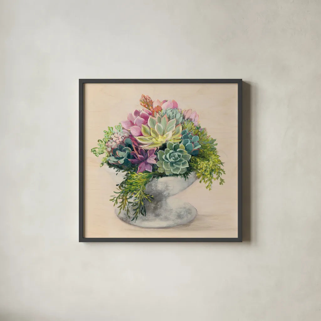 Festive Succulents II by Julia Purinton. Shown in a sleek black glass frame for a contemporary gallery look. Available as an archival giclee rolled canvas, fine art paper, or poster print. SKU 59958a.