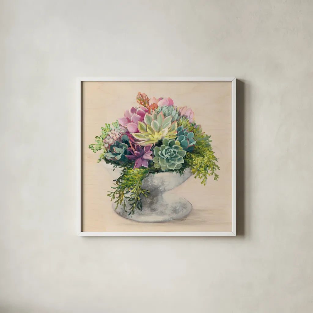Festive Succulents II by Julia Purinton. Shown in a crisp white glass frame for a clean and minimalist style. Available as an archival giclee rolled canvas, fine art paper, or poster print. SKU 59958a.