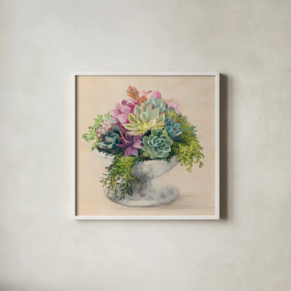 Festive Succulents II by Julia Purinton. Shown in a crisp white glass frame for a clean and minimalist style. Available as an archival giclee rolled canvas, fine art paper, or poster print. SKU 59958a.