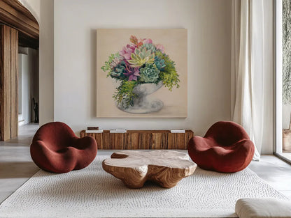 Festive Succulents II by Julia Purinton. Shown as extra-large giant wall art in a modern living room. Available as an archival giclee rolled canvas, fine art paper, or poster print. SKU 59958a.