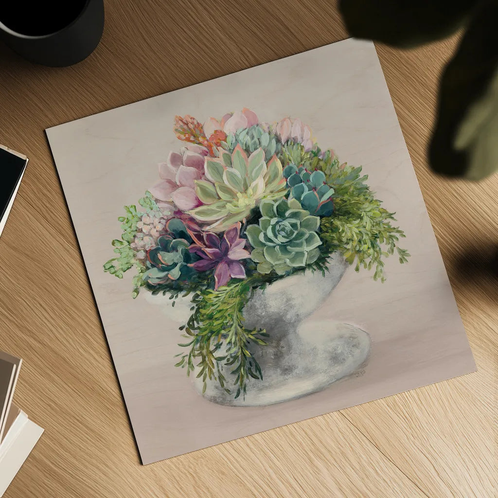 Festive Succulents II Blush by Julia Purinton. Shown as a detailed flat fine art print, highlighting archival giclee quality. Available as an archival giclee rolled canvas, fine art paper, or poster print. SKU 66124a.