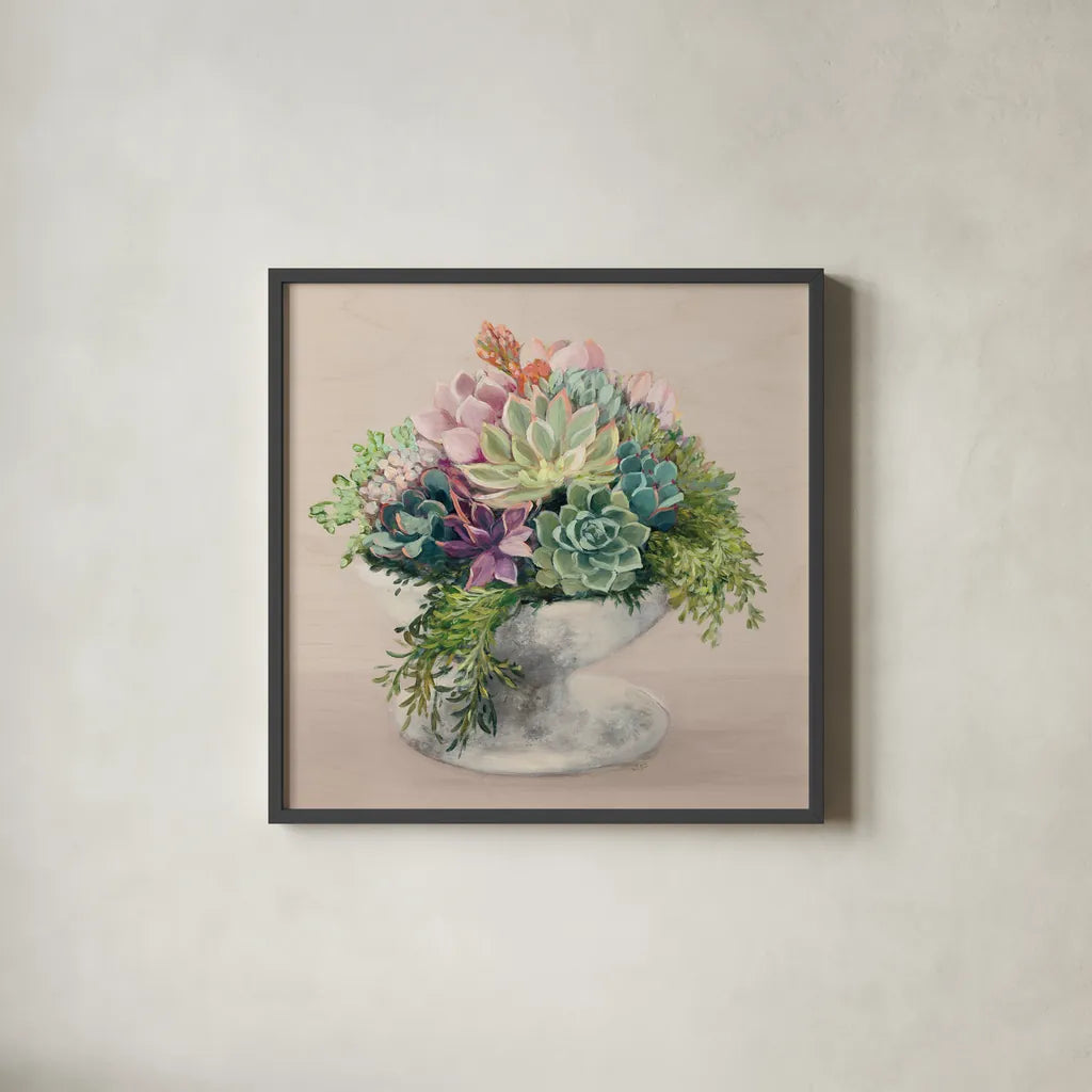 Festive Succulents II Blush by Julia Purinton. Shown in a sleek black glass frame for a contemporary gallery look. Available as an archival giclee rolled canvas, fine art paper, or poster print. SKU 66124a.