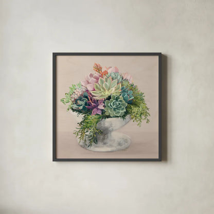 Festive Succulents II Blush by Julia Purinton. Shown in a sleek black glass frame for a contemporary gallery look. Available as an archival giclee rolled canvas, fine art paper, or poster print. SKU 66124a.