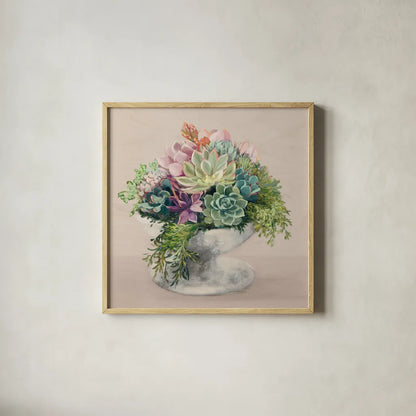 Festive Succulents II Blush by Julia Purinton. Shown in a natural wood glass frame for a timeless modern aesthetic. Available as an archival giclee rolled canvas, fine art paper, or poster print. SKU 66124a.
