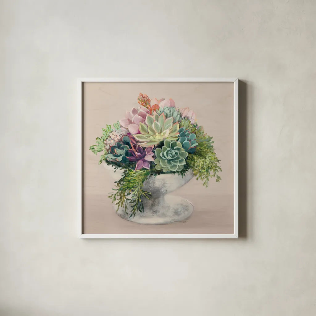 Festive Succulents II Blush by Julia Purinton. Shown in a crisp white glass frame for a clean and minimalist style. Available as an archival giclee rolled canvas, fine art paper, or poster print. SKU 66124a.