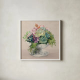 Festive Succulents II Blush by Julia Purinton. Shown in a crisp white glass frame for a clean and minimalist style. Available as an archival giclee rolled canvas, fine art paper, or poster print. SKU 66124a.