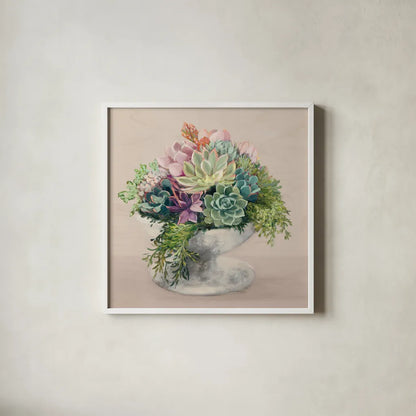 Festive Succulents II Blush by Julia Purinton. Shown in a crisp white glass frame for a clean and minimalist style. Available as an archival giclee rolled canvas, fine art paper, or poster print. SKU 66124a.