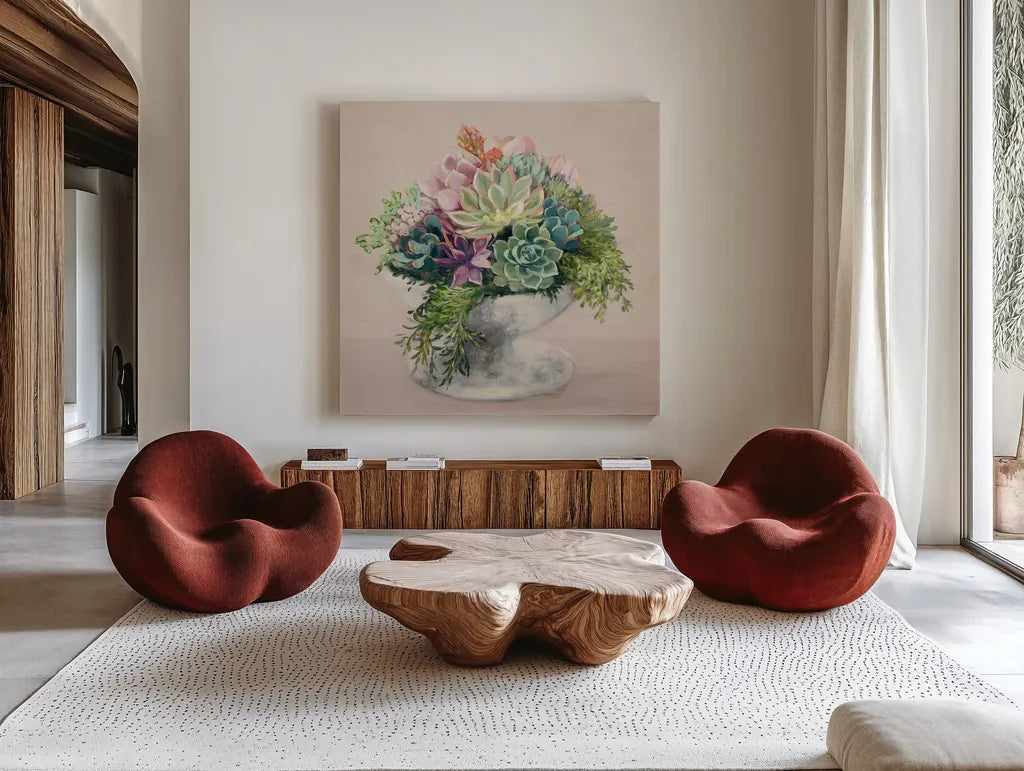 Festive Succulents II Blush by Julia Purinton. Shown as extra-large giant wall art in a modern living room. Available as an archival giclee rolled canvas, fine art paper, or poster print. SKU 66124a.
