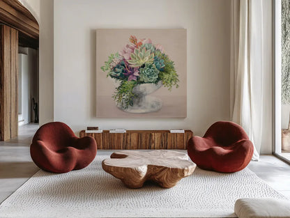 Festive Succulents II Blush by Julia Purinton. Shown as extra-large giant wall art in a modern living room. Available as an archival giclee rolled canvas, fine art paper, or poster print. SKU 66124a.