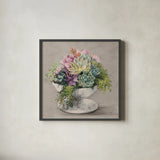 Festive Succulents II Gray by Julia Purinton. Shown in a sleek black glass frame for a contemporary gallery look. Available as an archival giclee rolled canvas, fine art paper, or poster print. SKU 64812a.
