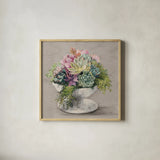 Festive Succulents II Gray by Julia Purinton. Shown in a natural wood glass frame for a timeless modern aesthetic. Available as an archival giclee rolled canvas, fine art paper, or poster print. SKU 64812a.