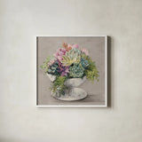 Festive Succulents II Gray by Julia Purinton. Shown in a crisp white glass frame for a clean and minimalist style. Available as an archival giclee rolled canvas, fine art paper, or poster print. SKU 64812a.