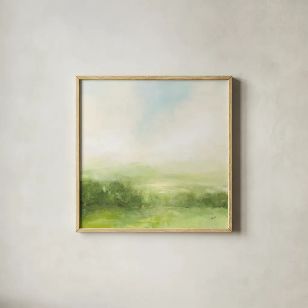 Fields of Green I by Julia Purinton. Shown in a natural wood glass frame for a timeless modern aesthetic. Available as an archival giclee rolled canvas, fine art paper, or poster print. SKU 78365a.