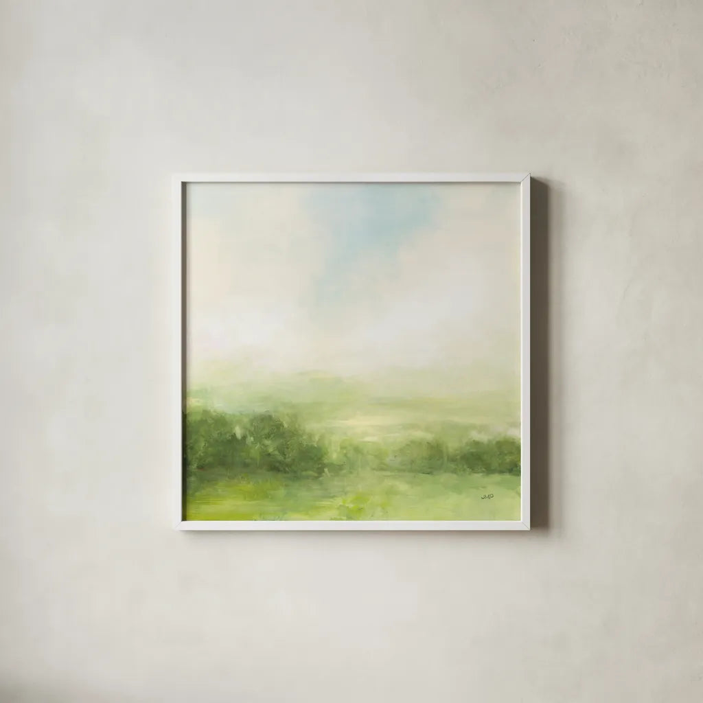 Fields of Green I by Julia Purinton. Shown in a crisp white glass frame for a clean and minimalist style. Available as an archival giclee rolled canvas, fine art paper, or poster print. SKU 78365a.