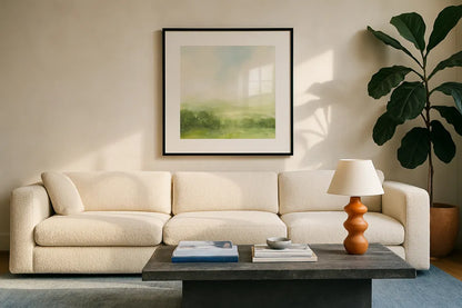 Fields of Green I by Julia Purinton. Displayed in a glass frame with matte in a clean modern living room. Available as an archival giclee rolled canvas, fine art paper, or poster print. SKU 78365a.