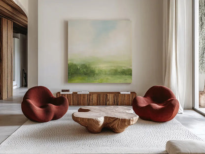 Fields of Green I by Julia Purinton. Shown as extra-large giant wall art in a modern living room. Available as an archival giclee rolled canvas, fine art paper, or poster print. SKU 78365a.