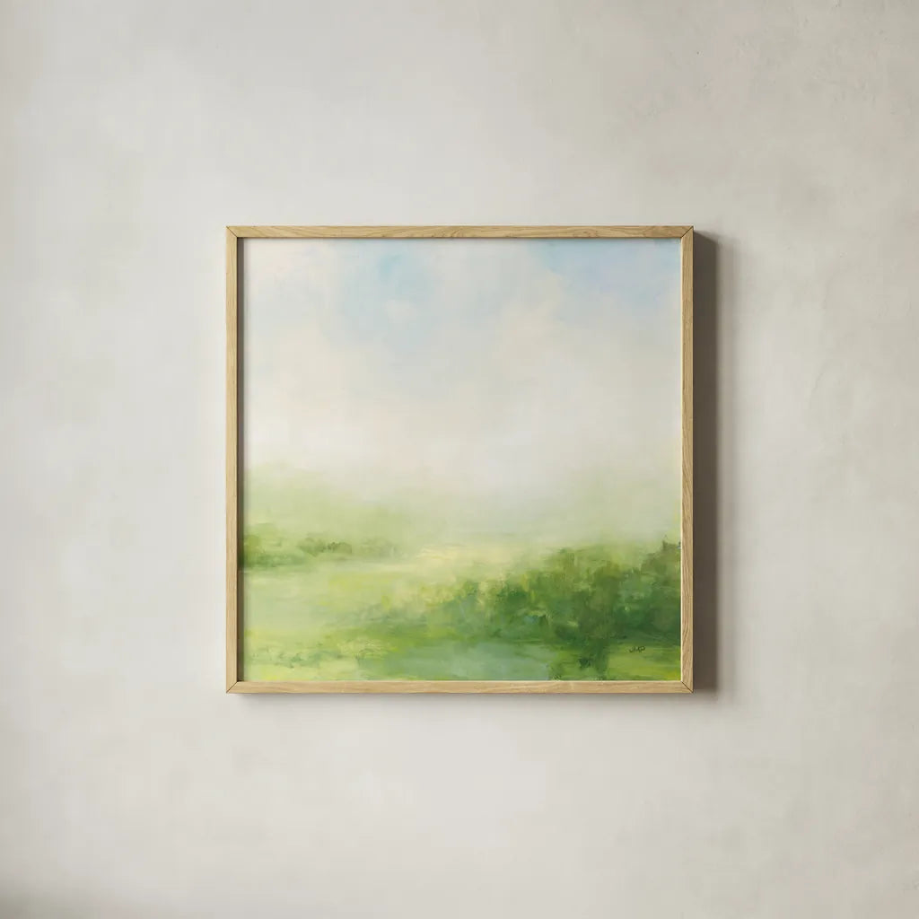 Fields of Green II by Julia Purinton. Shown in a natural wood glass frame for a timeless modern aesthetic. Available as an archival giclee rolled canvas, fine art paper, or poster print. SKU 78366a.