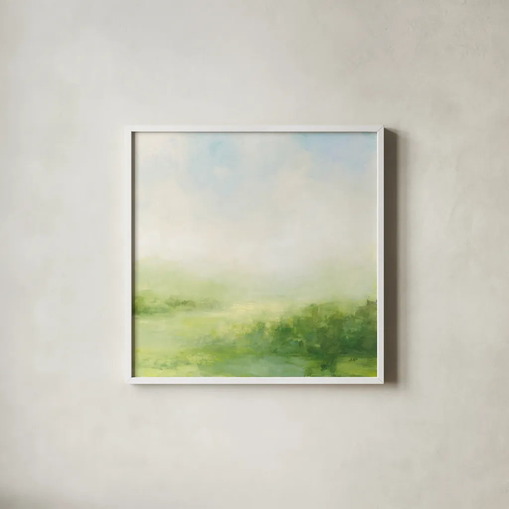 Fields of Green II by Julia Purinton. Shown in a crisp white glass frame for a clean and minimalist style. Available as an archival giclee rolled canvas, fine art paper, or poster print. SKU 78366a.