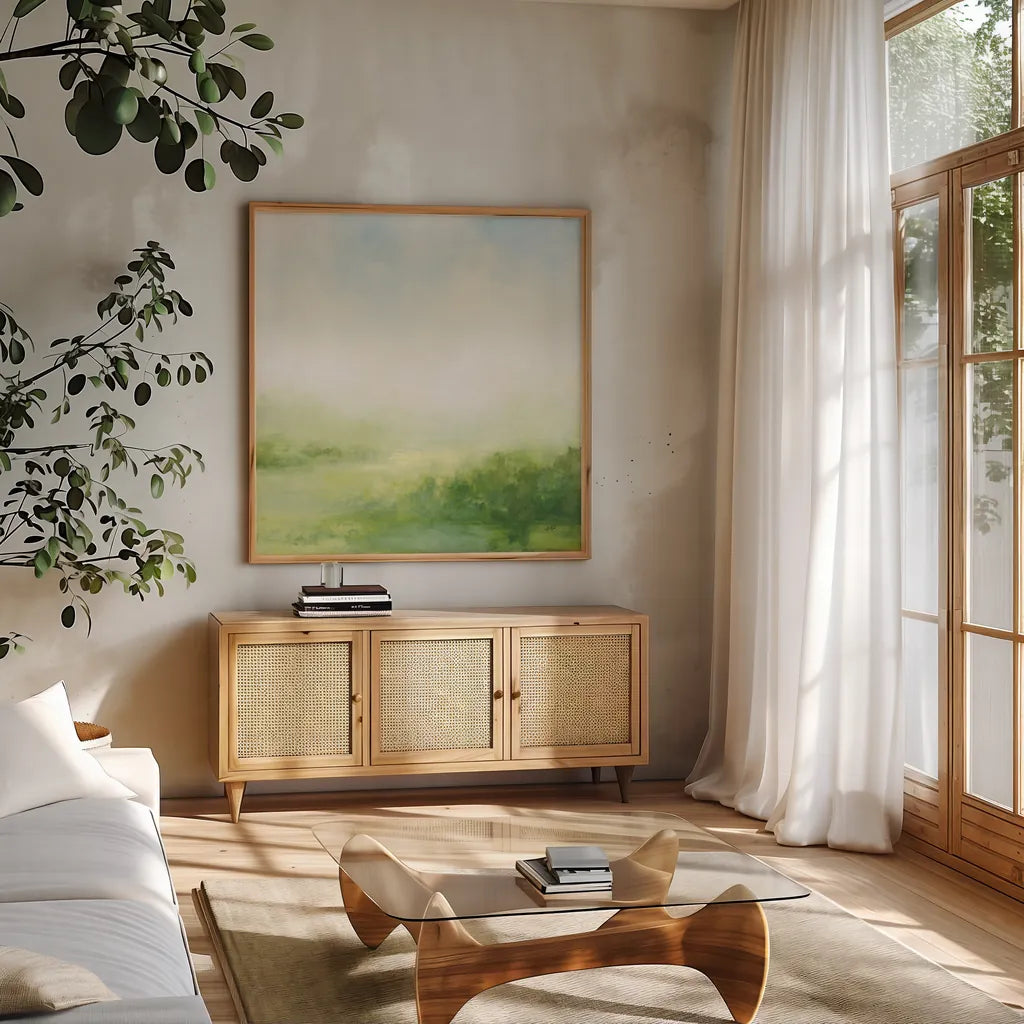 Fields of Green II by Julia Purinton. Shown in a natural wood frame in a cozy modern living room. Available as an archival giclee rolled canvas, fine art paper, or poster print. SKU 78366a.