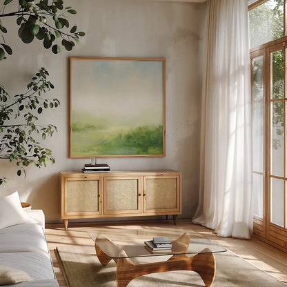 Fields of Green II by Julia Purinton. Shown in a natural wood frame in a cozy modern living room. Available as an archival giclee rolled canvas, fine art paper, or poster print. SKU 78366a.