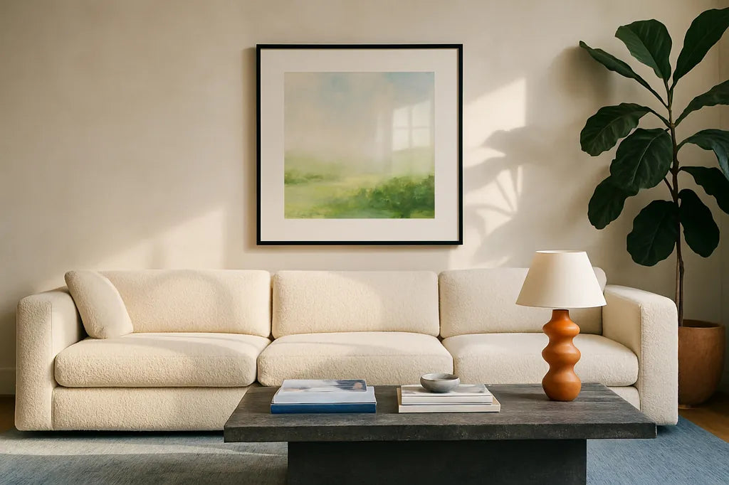 Fields of Green II by Julia Purinton. Displayed in a glass frame with matte in a clean modern living room. Available as an archival giclee rolled canvas, fine art paper, or poster print. SKU 78366a.