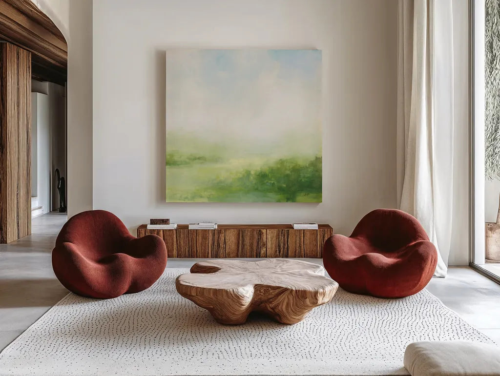 Fields of Green II by Julia Purinton. Shown as extra-large giant wall art in a modern living room. Available as an archival giclee rolled canvas, fine art paper, or poster print. SKU 78366a.