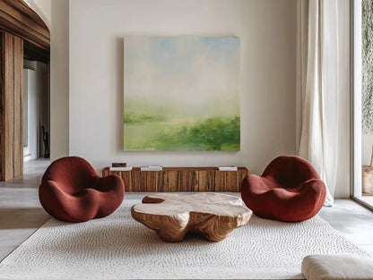 Fields of Green II by Julia Purinton. Shown as extra-large giant wall art in a modern living room. Available as an archival giclee rolled canvas, fine art paper, or poster print. SKU 78366a.